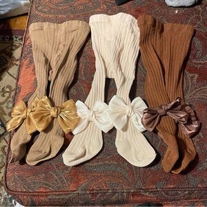 SHEIN Kids Ribbed Tights with Bows - Gold, Cream, and Brown